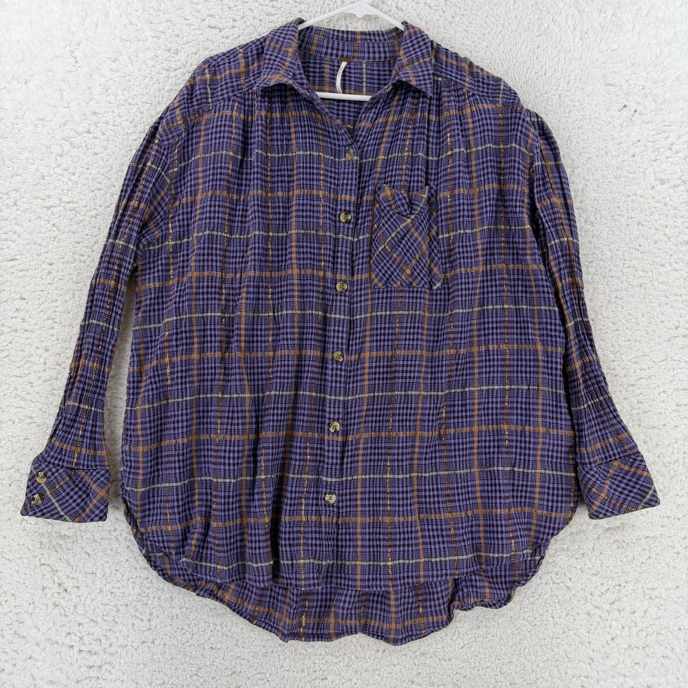Free People Purple Plaid Metallic Button Up Tunic Shirt Womens Medium LongSleeve